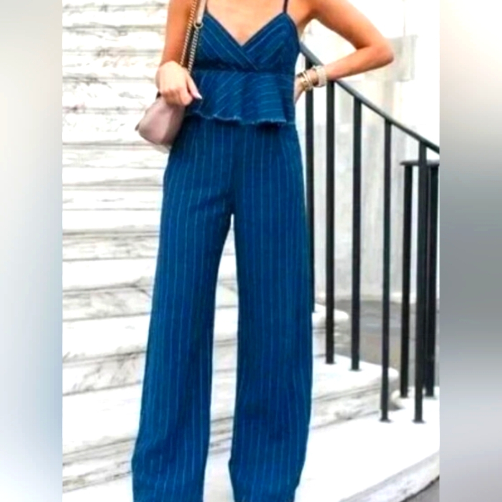 Lg Ett:Twa Anthropologie Blue Pinstriped Jumpsuit Peplum Wide Straight Leg Large